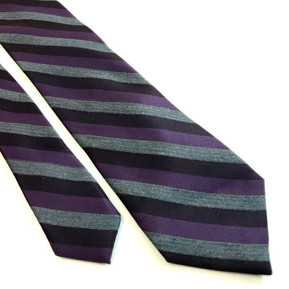 Calvin Klein Black‎ Gray Purple Striped Striped Long Skinny Silk Tie